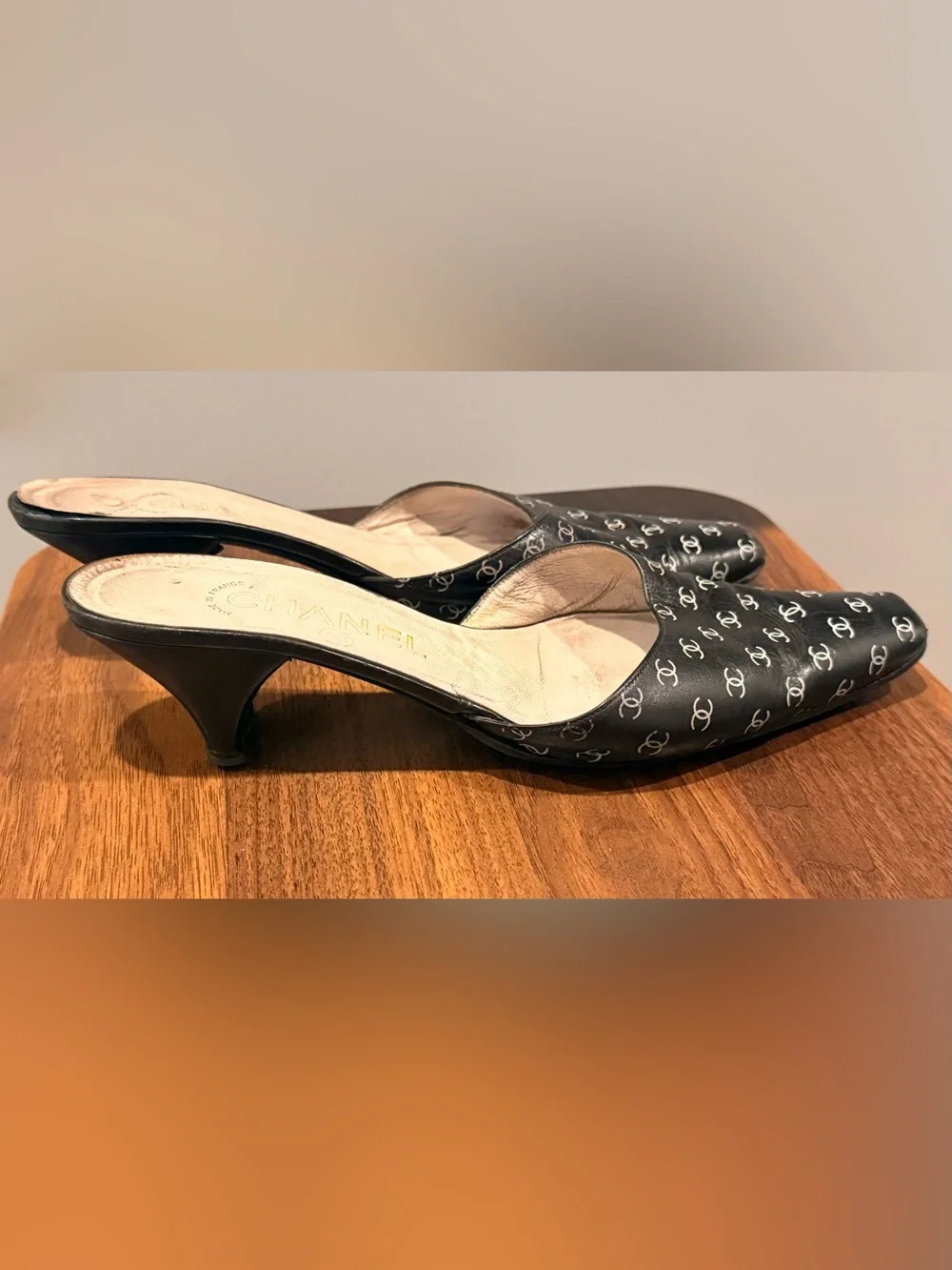 VINTAGE CHANEL Black Logo-Print Leather Mule Heels